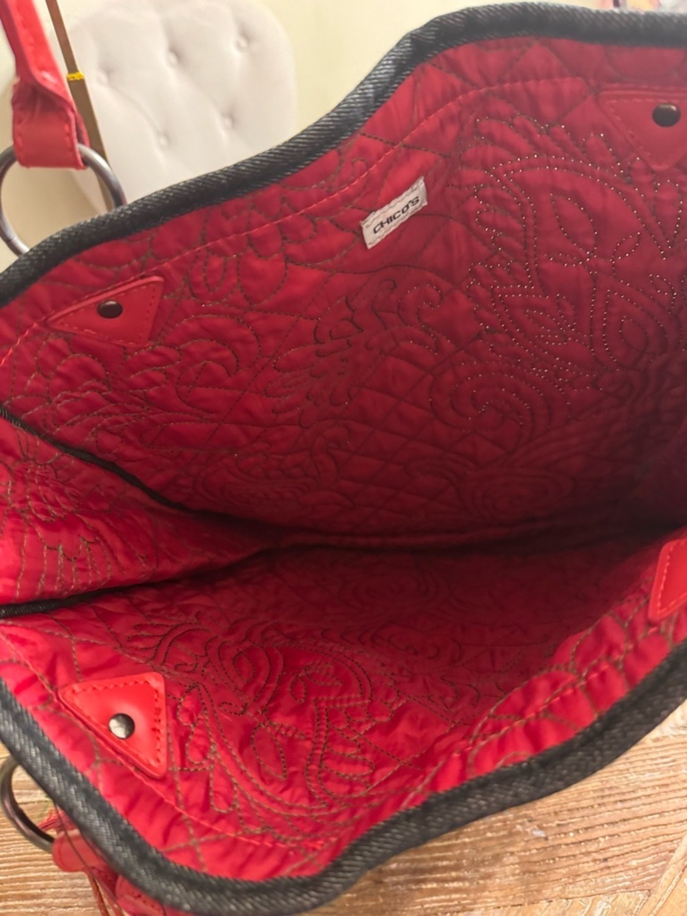 Chico's Denim Tote with Red Handles with Tassel - Picture 7 of 10